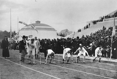Runners at the 1896 Olympic Games, at the Panathenaic Olympic Stadium. Note the Rotunda on the left.