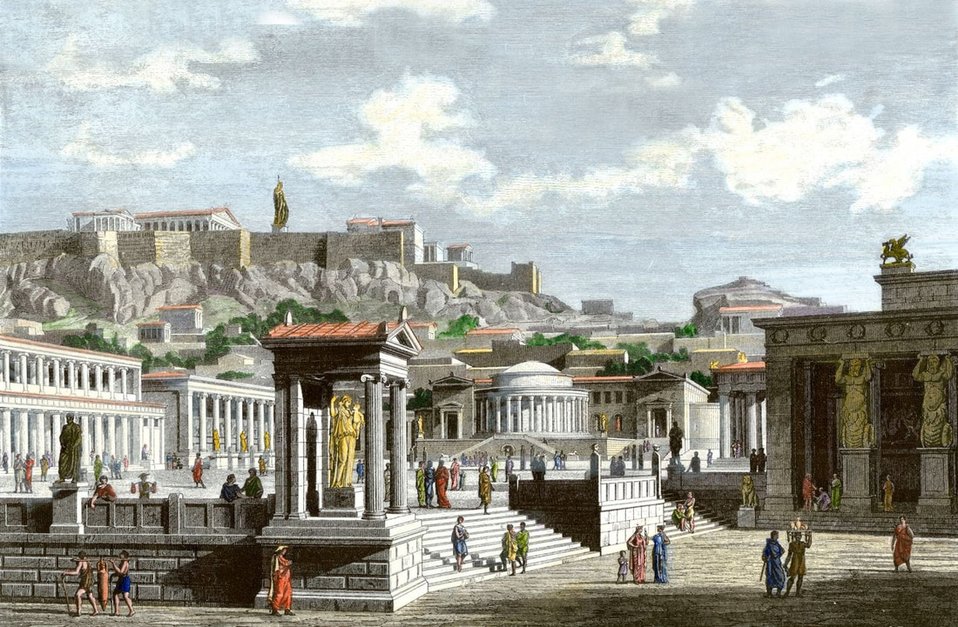 An imaginary depiction of the Agora of ancient Athens at the time of Pericles.