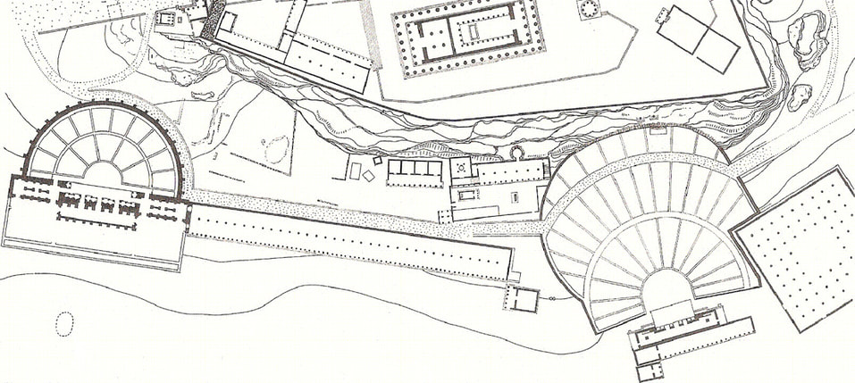 Site Plan, Left to Right: Herodeon, Stoa of Eumenes, Asclepieion (behind the stoa and left of the theater), and the Theater of Dionysos.