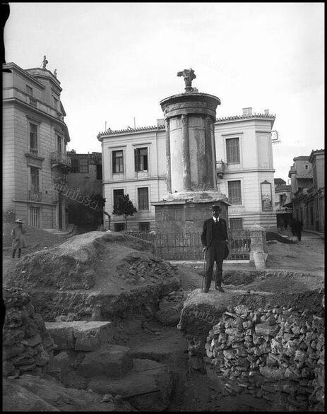 A 1915 photograph of the site during the archaeological excavations of the Choragic Monument of Lysicrates.