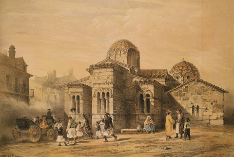 An old rendering of the church of Panagia Kapnikarea on Ermou Street, Athens.