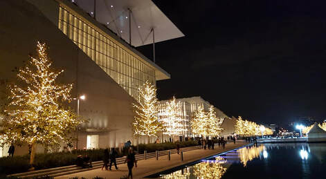 The Stavros Niarchos Foundation Cultural Center in a holiday spirit.