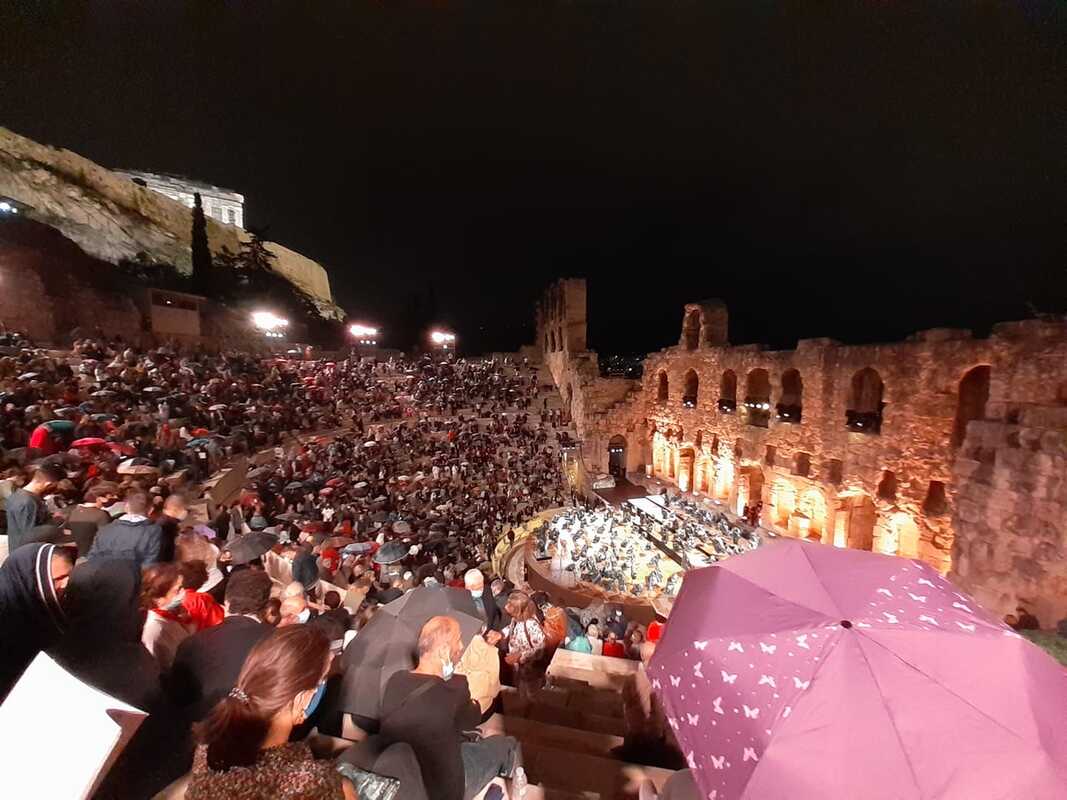 The performance at Herodeon with the Orchestra del Maggio Musicale Fiorentino, under Zubin Mehta,Mehta with Pinchas Zukerman, violin, cancelled midway on June 14th due to rain.