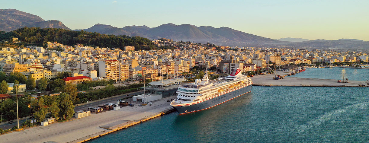 The port of Patras, with a Fred.Olsen Cruise Lines cruise ship docked.