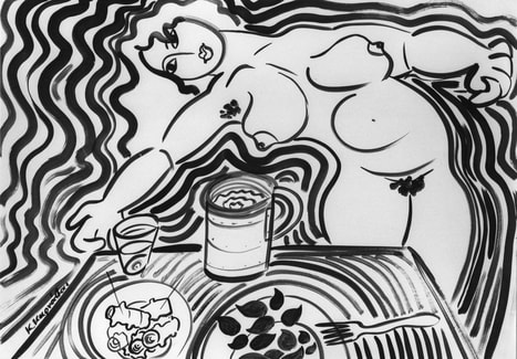 Girl with Meze drawing with india ink by Kostas Karnavas, 1982.